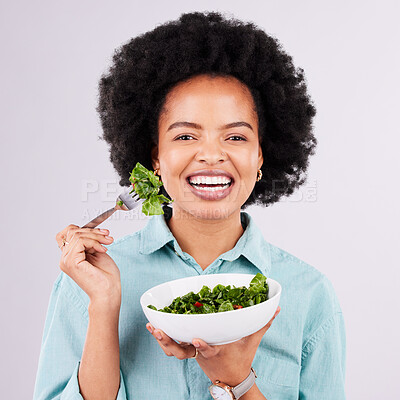 Buy stock photo Salad, healthy food and portrait of a black woman in studio eating vegetables for nutrition or vegan diet. Happy African female with a smile for health, detox and wellness benefits for motivation 