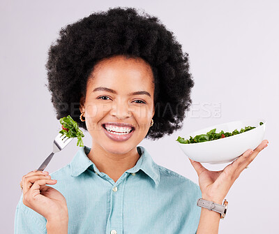 Buy stock photo Health, salad and smile portrait of a black woman in studio eating vegetables for nutrition or vegan diet. Happy African female with fork for healthy food, detox and wellness benefits for motivation 