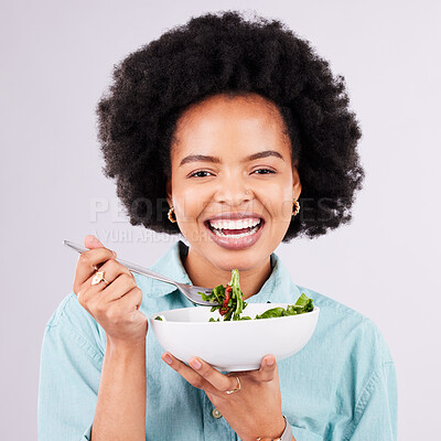 Buy stock photo Health, salad and portrait of a black woman in studio eating vegetables for nutrition or vegan diet. Happy African female with a smile for healthy food, detox and wellness benefits for motivation 