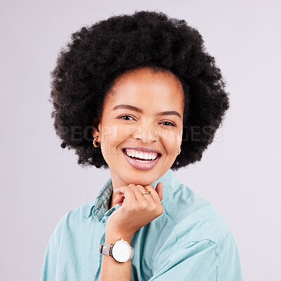 Buy stock photo Happy, laugh and portrait of black woman in studio for confidence, positive and empowerment. Happiness, funny and elegant with face of female isolated on gray background for young, excited and pride