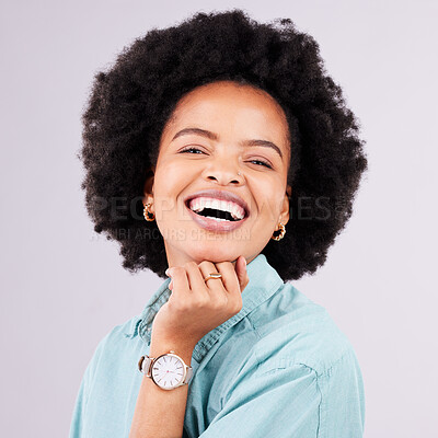 Buy stock photo Happy, funny and portrait of black woman in studio for confidence, positive and empowerment. Happiness, laugh and elegant with face of female isolated on gray background for young, excited and pride