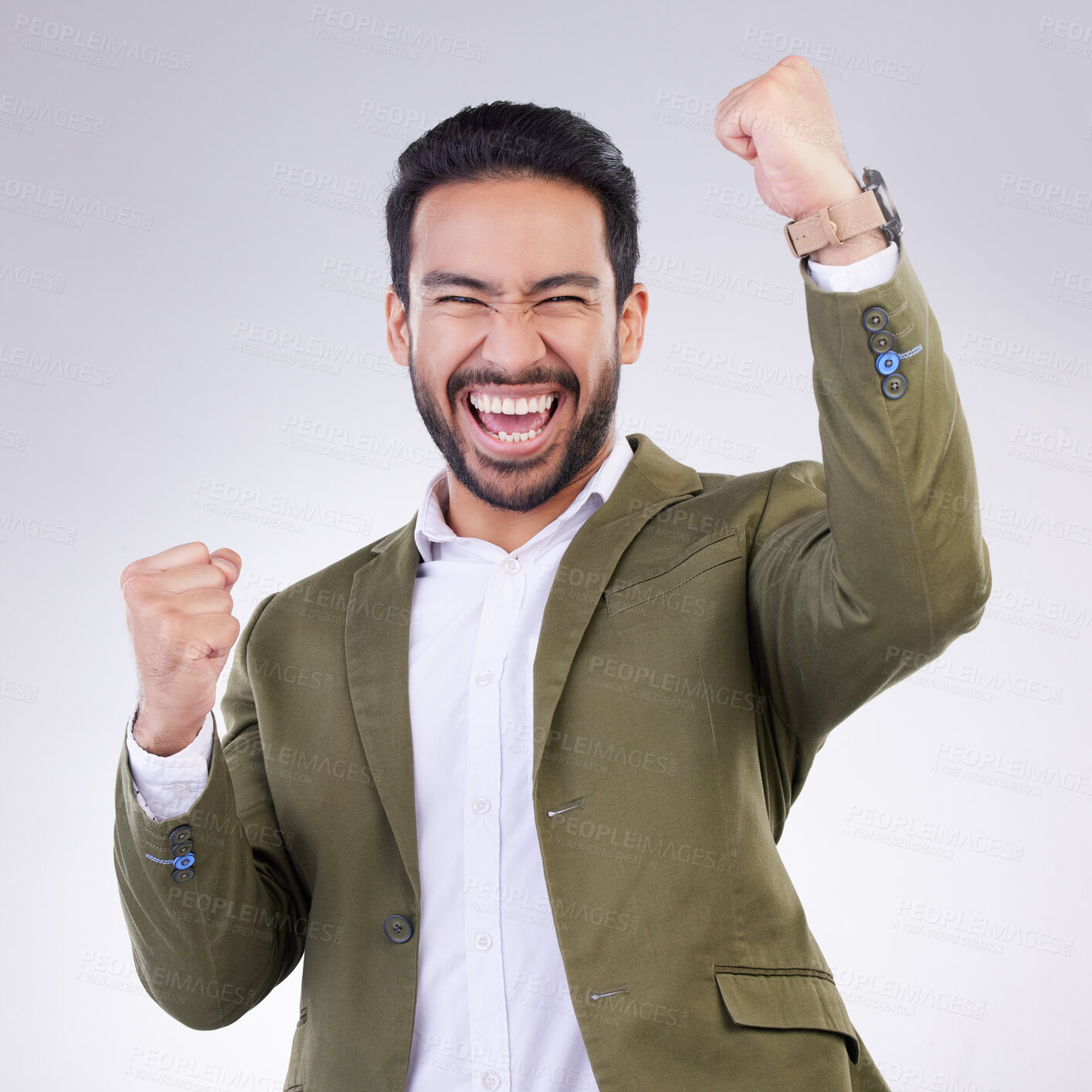 Buy stock photo Yes, winner and happy man portrait isolated on white background celebration for opportunity, bonus or winning. Asian business person, fist pump and celebrate competition or promotion news in studio