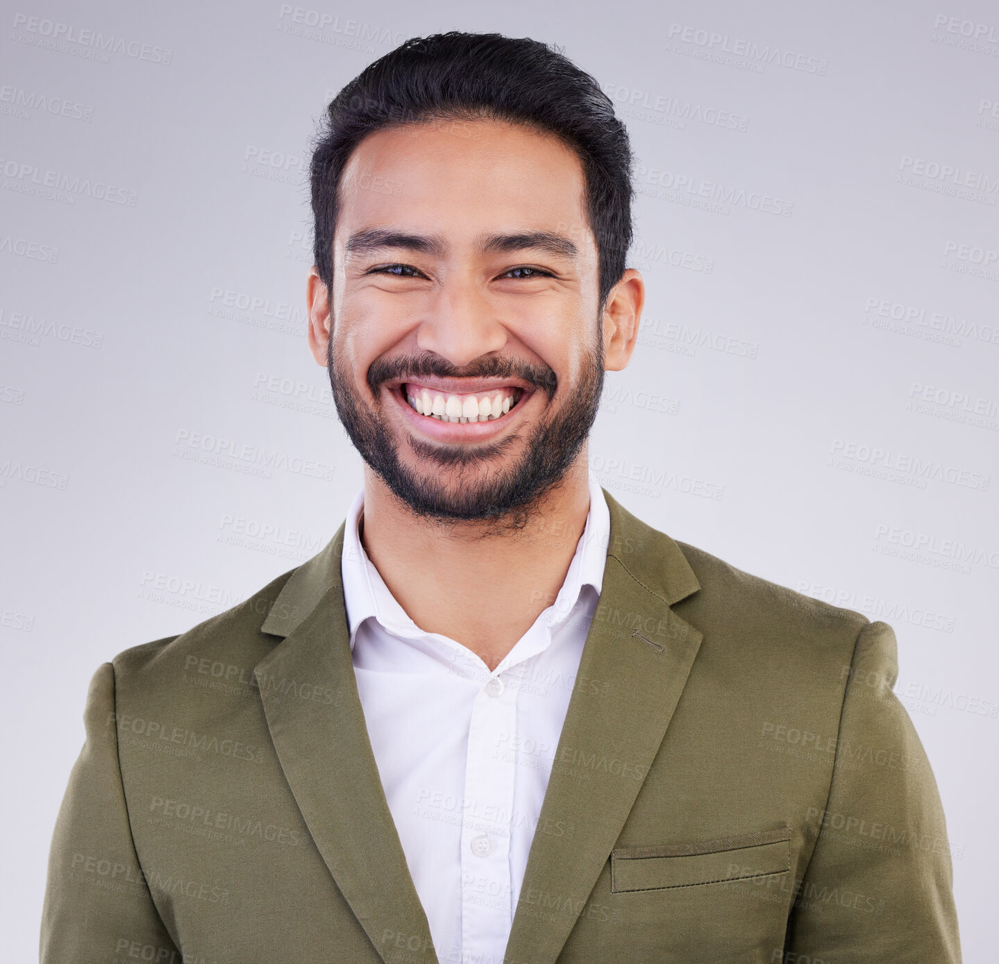 Buy stock photo Smile, happy and portrait of business man in studio for success, confidence mindset and leadership. Corporate manager, startup ceo and excited face of male on white background in professional clothes