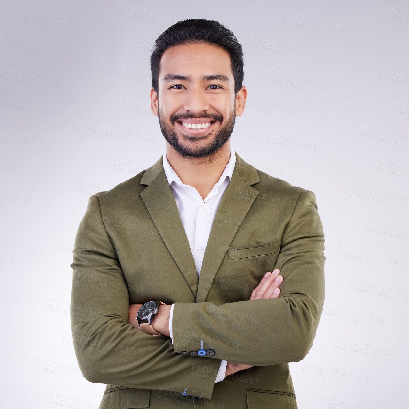 Buy stock photo Smile, crossed arms and portrait of business man in studio for success, confidence mindset and leadership. Corporate manager, ceo and happy face of male on white background in professional clothes