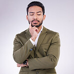 Business man thinking face and ideas in studio, white background and ideas of mindset, planning and question. Entrepreneur, male model and think of decision, remember memory or brainstorming solution