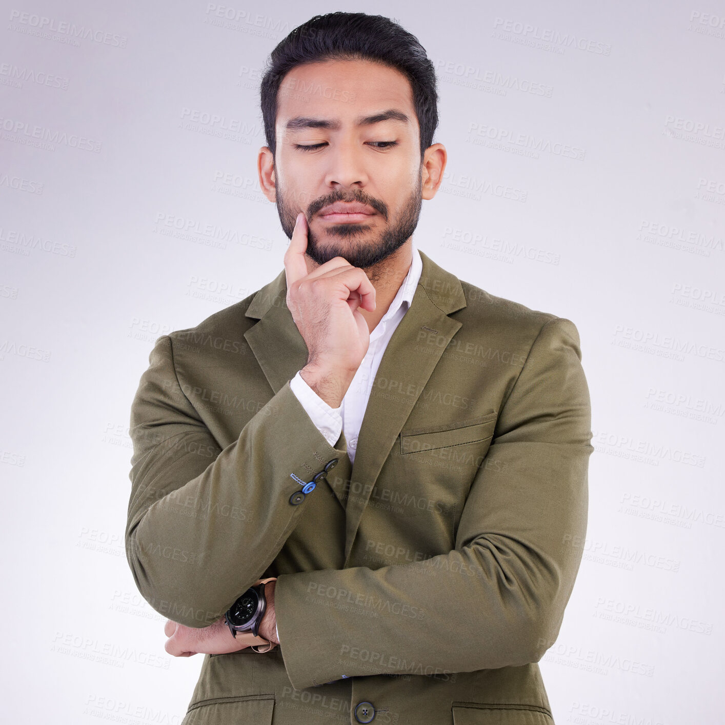 Buy stock photo Business man thinking face and ideas in studio, white background and ideas of mindset, planning and question. Entrepreneur, male model and think of decision, remember memory or brainstorming solution