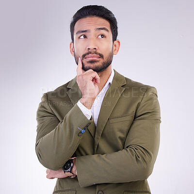 Buy stock photo Business man, thinking face and planning in studio with ideas or strategy on a gray background. Asian male entrepreneur think with hand on chin while pensive or contemplating question or thought