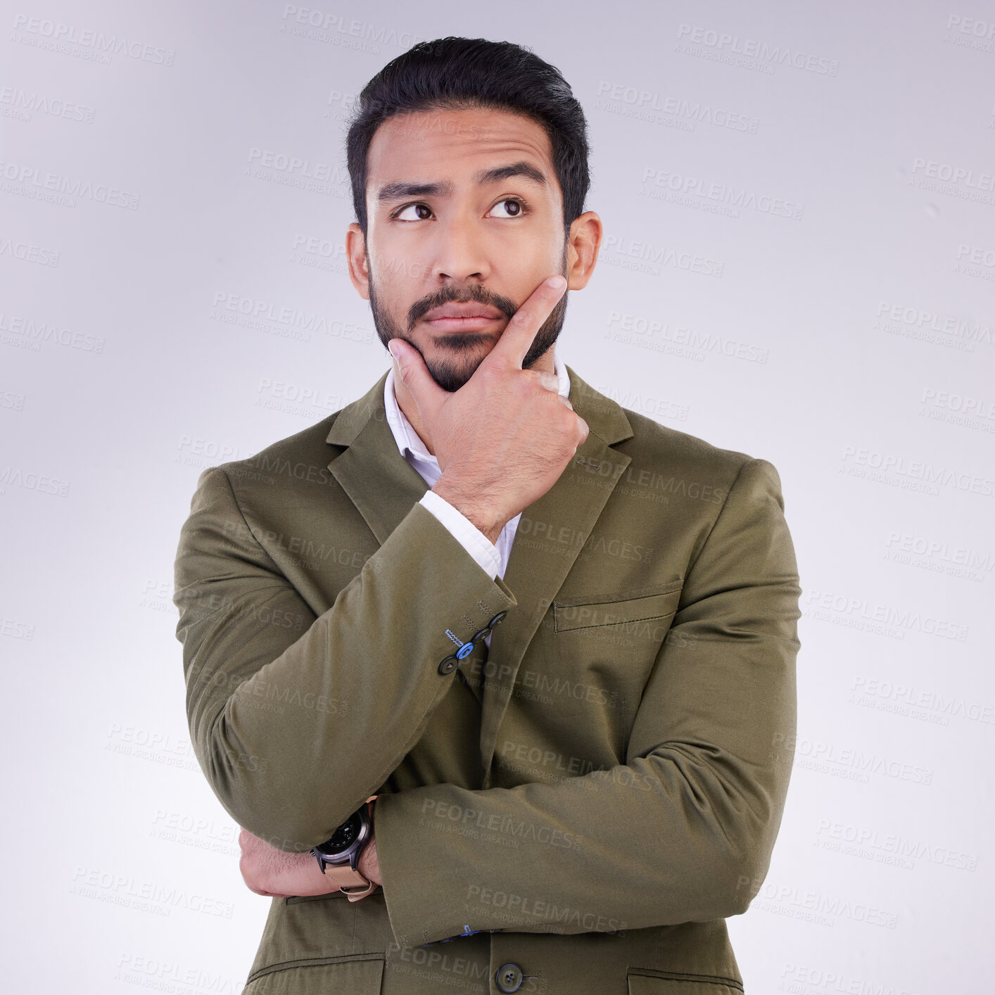 Buy stock photo Business man, hand on face and thinking in studio with ideas or strategy on a gray background. Serious asian male entrepreneur think while confused, doubt or contemplating question on mockup space