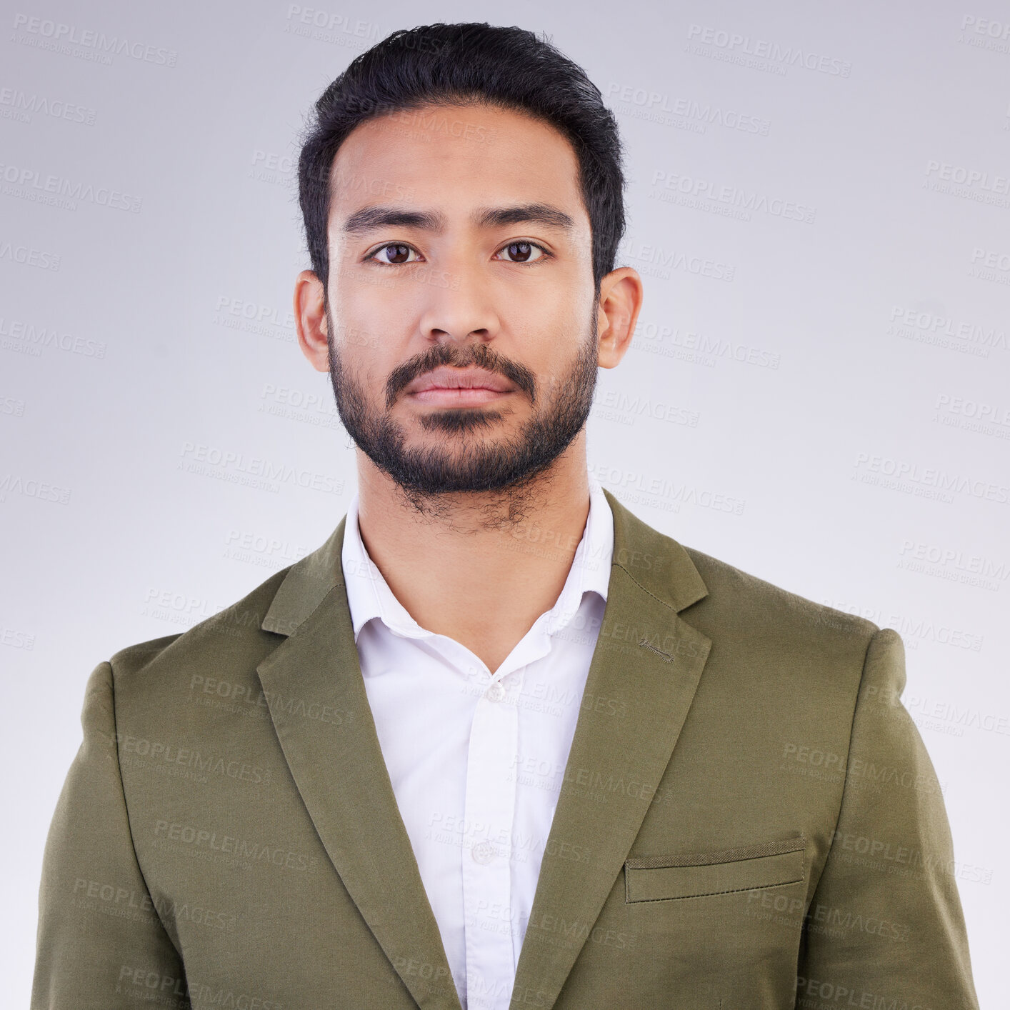 Buy stock photo Business man, serious face and portrait in studio with pride for career or job on a gray background. Asian entrepreneur person with dedication and ambition for professional occupation and mindset