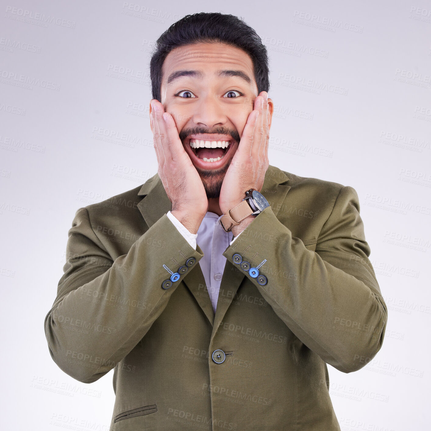 Buy stock photo Happy, surprise and portrait of a businessman in a studio with wow, omg or wtf face expression. Happiness, excited and corporate male model from India with a shock facial gesture by a gray background