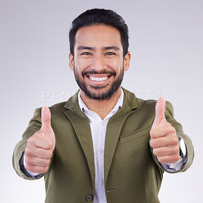 Buy stock photo Thumbs up, successful and portrait of businessman happy and smile for success isolated in a studio white background. Entrepreneur, Latino and man corporate employee excited, thank you and agreement