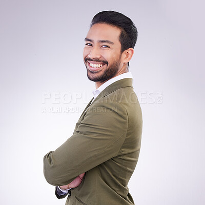 Buy stock photo Happy, crossed arms and portrait of business man in studio for success, confidence mindset and leadership. Corporate manager, ceo and male entrepreneur smile on white background in professional suit