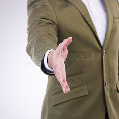 Buy stock photo Hand, thank you and businessman handshake gesture for partnership isolated in a studio white background. Professional, employee and corporate person or worker with greeting offer to welcome