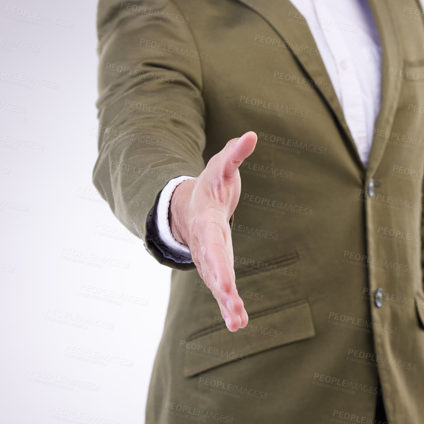 Buy stock photo Hand, thank you and businessman handshake gesture for partnership isolated in a studio white background. Professional, employee and corporate person or worker with greeting offer to welcome