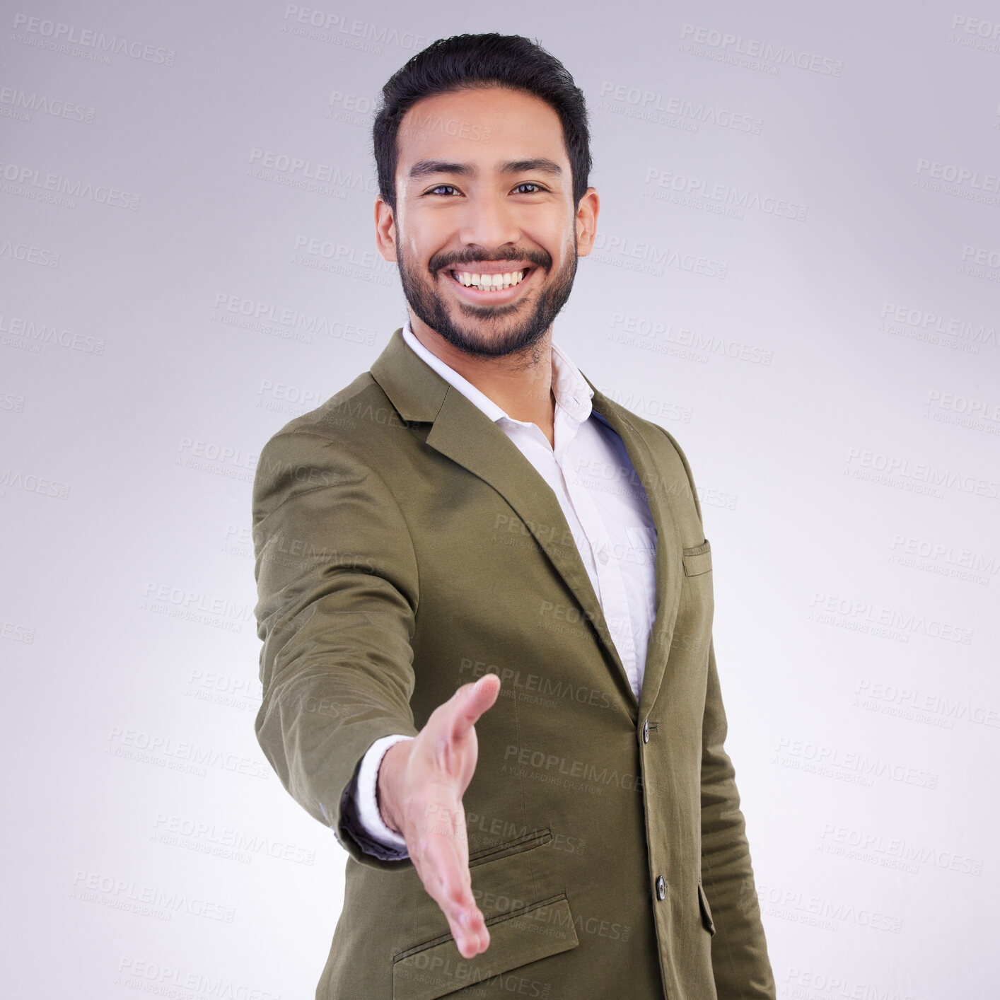 Buy stock photo Greeting or portrait of businessman handshake gesture with a smile and happy isolated in a studio white background. Professional, employee and man corporate worker shaking hand offer to welcome