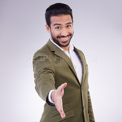 Buy stock photo Thank you portrait of businessman handshake gesture with a smile and happy isolated in a studio white background. Professional, employee and man corporate worker shaking hand offer to welcome