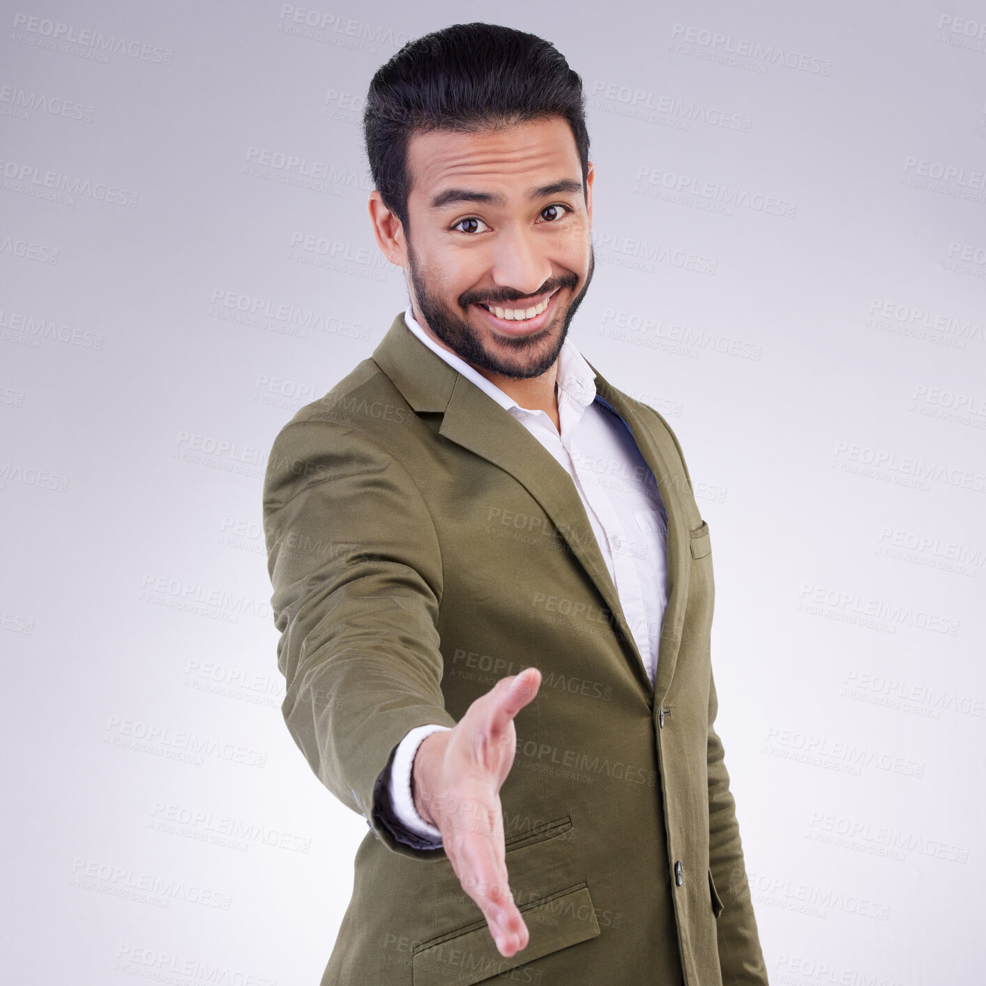 Buy stock photo Thank you portrait of businessman handshake gesture with a smile and happy isolated in a studio white background. Professional, employee and man corporate worker shaking hand offer to welcome
