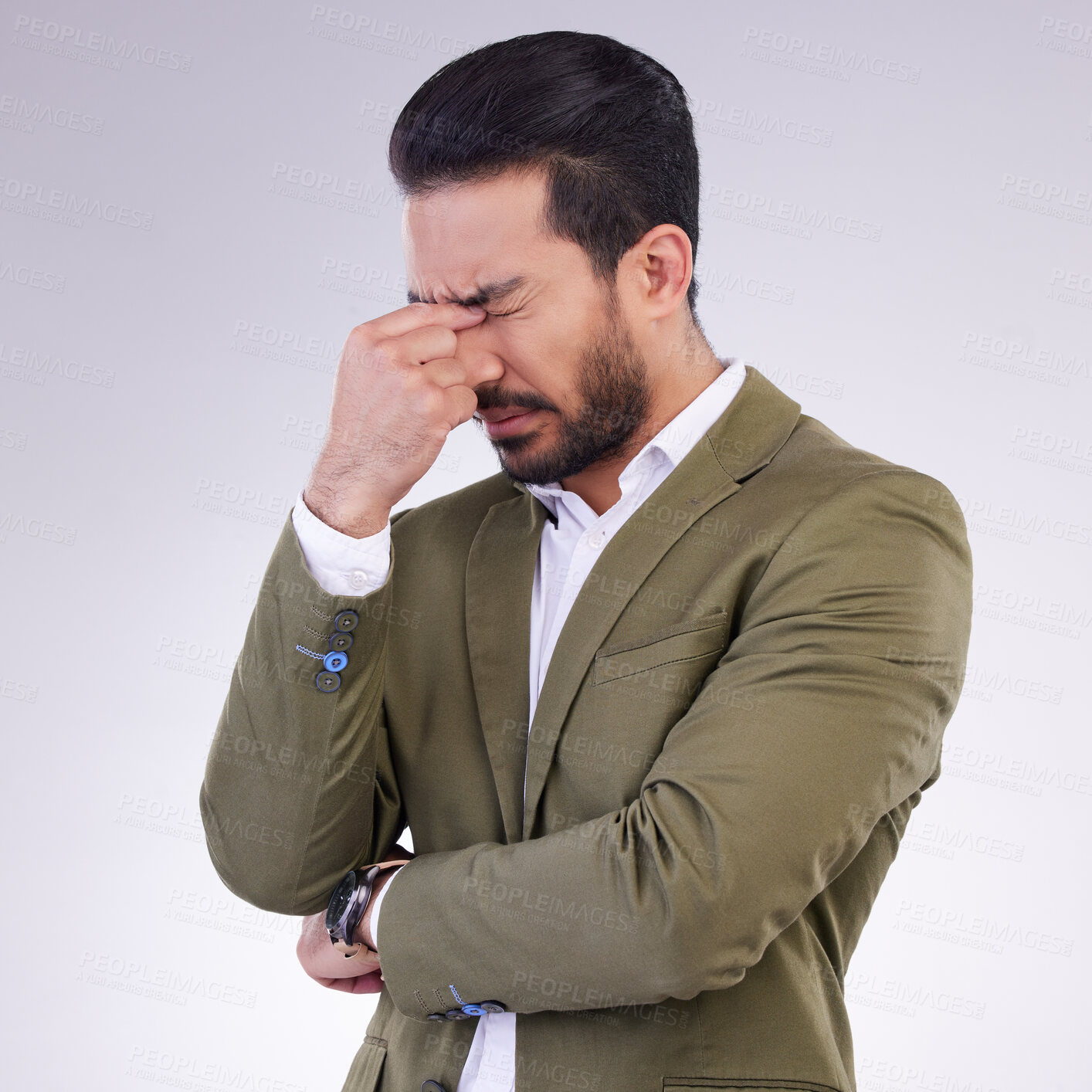 Buy stock photo Eye pain, headache and business man in studio with anxiety, debt or worry of stock market crash. Corporate male, model and migraine of stress, bankruptcy and burnout of financial crisis in depression