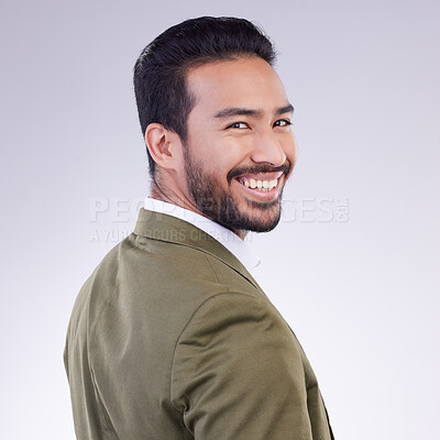 Buy stock photo Happy, smile and portrait of man in studio for professional, corporate and positive. Confidence, happiness and executive with male isolated on gray background for pride, elegant and opportunity