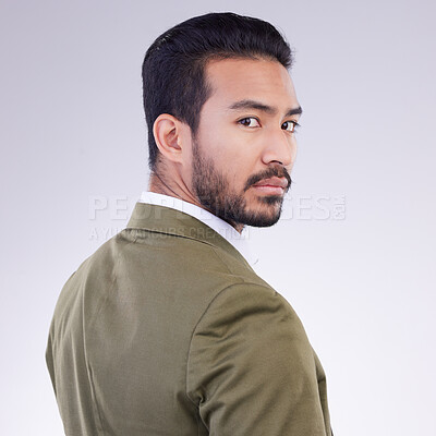 Buy stock photo Portrait, business and Asian man with confidence, success and concentration against a studio background. Face, Japanese male employee and consultant with growth, leadership skills and management