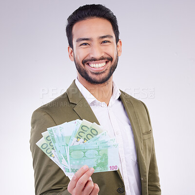 Buy stock photo Money, cash and happy man face isolated on a white background business wealth, bonus or investing profit. Winner, banking or rich accountant or Asian person with financial freedom in studio portrait