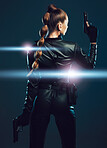 Warrior, woman and gun to fight in studio for action or danger on dark background. Strong female model, assassin or agent in scifi futuristic cosplay costume with weapon as ninja or vigilante mission