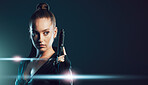 Woman, gun and assassin costume in studio with mock up space for action, movie promo and branding. Girl, pistol and mockup for logo, brand and promotion with model ninja, danger and future aesthetic