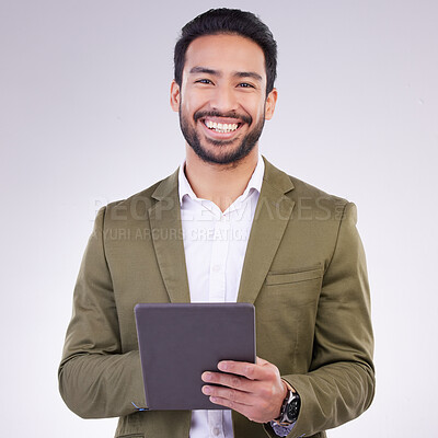 Buy stock photo Business man, tablet and smile portrait in studio for internet, communication and network connection. Entrepreneur male online for mobile app networking, marketing or research on investment or sales