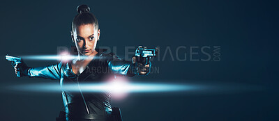 Buy stock photo Gun, action and assassin woman isolated on dark background for secret agent, superhero or character cosplay. Warrior, spy and cyberpunk person win leather suit, firearm and shooting in studio mockup