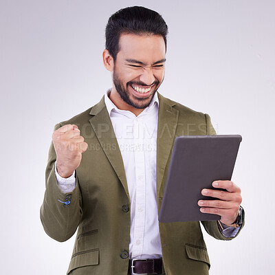 Buy stock photo Success winner man on tablet isolated on studio background fist pump for stock market, trading or business news. Winning profit of asian person on digital tech celebration, bonus or sales achievement