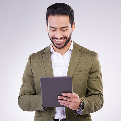 Buy stock photo Business man, tablet and smile in studio for internet, communication and network connection. Entrepreneur male online for mobile app networking, social media or research on investment or sales