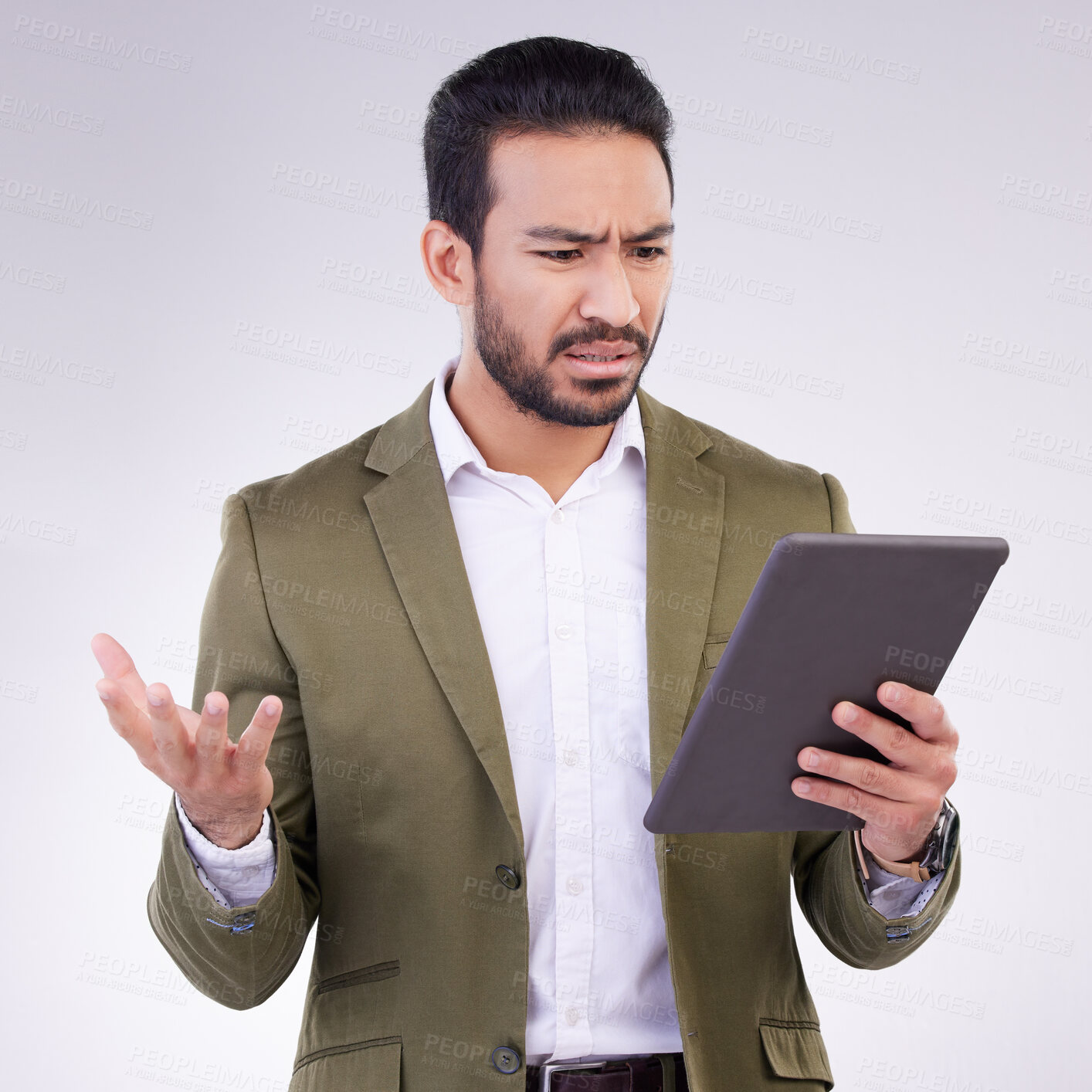Buy stock photo Problem, confused and Asian man with a tablet for communication isolated on a white background in a studio. Unhappy, frustrated and a Japanese businessman reading bad news on technology on backdrop