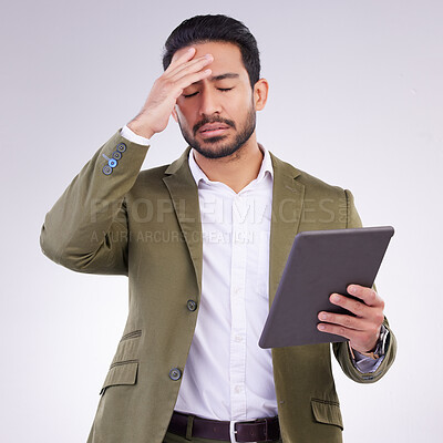 Buy stock photo Business man, headache and tablet in a studio feeling frustrated from stress and anxiety. Employee burnout, depression and digital tech issue with isolated white background and 404 web problem 