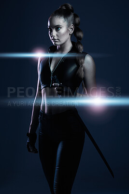 Buy stock photo Woman, sword and assassin in studio with costume, action or cyberpunk fashion in suit. Girl, blade and leather fashion for crime, danger and futuristic spy with danger or future aesthetic with ninja