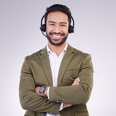 Buy stock photo Call center employee, man with smile and arms crossed in portrait, headset with mic, CRM and contact us. Communication, customer service or tech support mockup with happy male on studio background