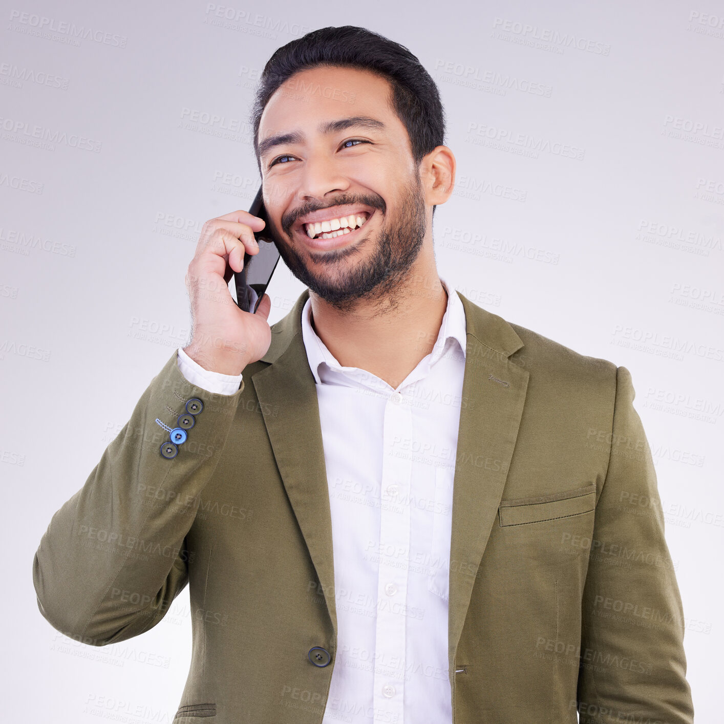 Buy stock photo Business man, smile and phone call in studio for communication and networking on gray background. Asian male entrepreneur with smartphone for conversation or talking to contact for happy negotiation