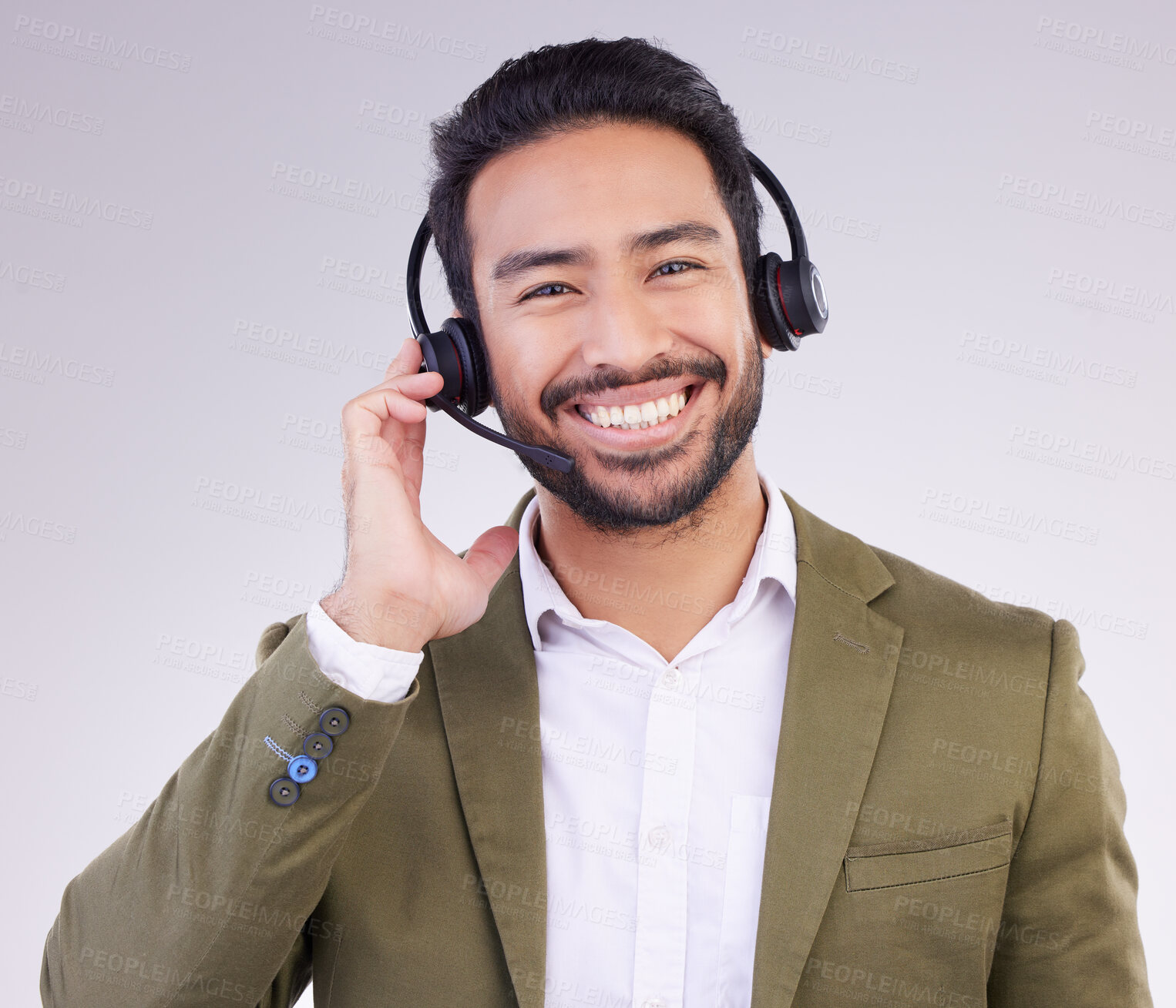 Buy stock photo Call center portrait of happy man isolated on a white background for telemarketing, telecom or global support. Asian international agent, consultant or business person for virtual salesman in studio