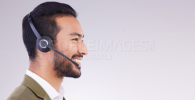 Buy stock photo Call center, man and face profile with smile, headset and mic, CRM and contact us with mockup space. Communication, customer service or tech support, telemarketing and happy male on studio background