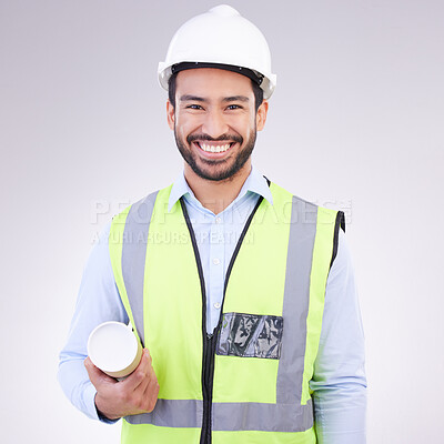 Buy stock photo Portrait of construction worker man isolated on a white background engineering, architecture and design career. Happy face of asian builder, contractor or industrial person with safety gear in studio