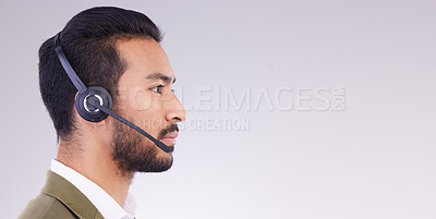 Buy stock photo Call center, man and face profile with headset and mic, CRM and contact us with mockup space. Communication, customer service or tech support with telemarketing and serious male on studio background