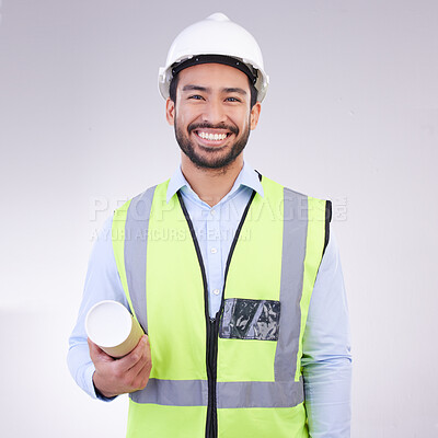 Buy stock photo Construction worker man in portrait isolated on a white background engineering, architecture and design career. Happy face of asian builder, contractor or industrial person with safety gear in studio