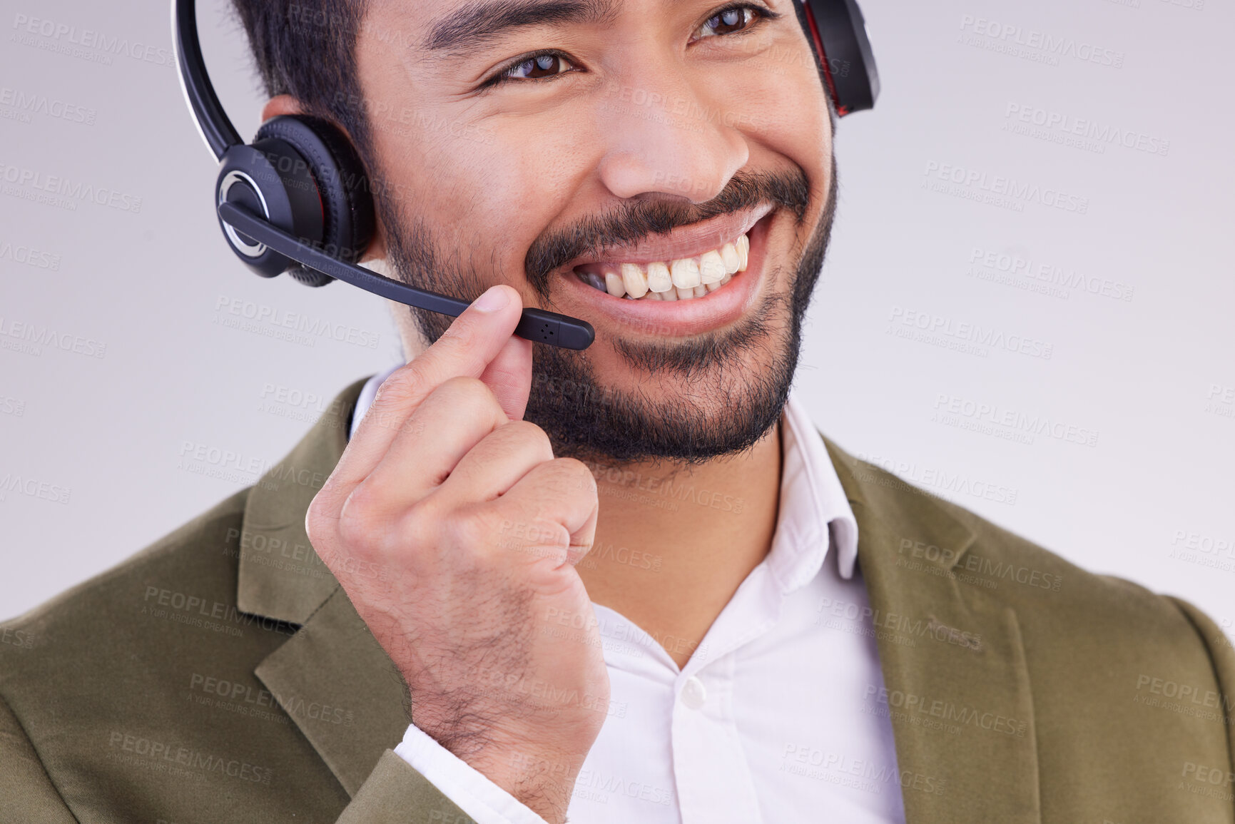 Buy stock photo Call center headset of happy man isolated on a white background telemarketing, telecom or global support. Asian international agent, virtual consultant or business salesman or person talk in studio