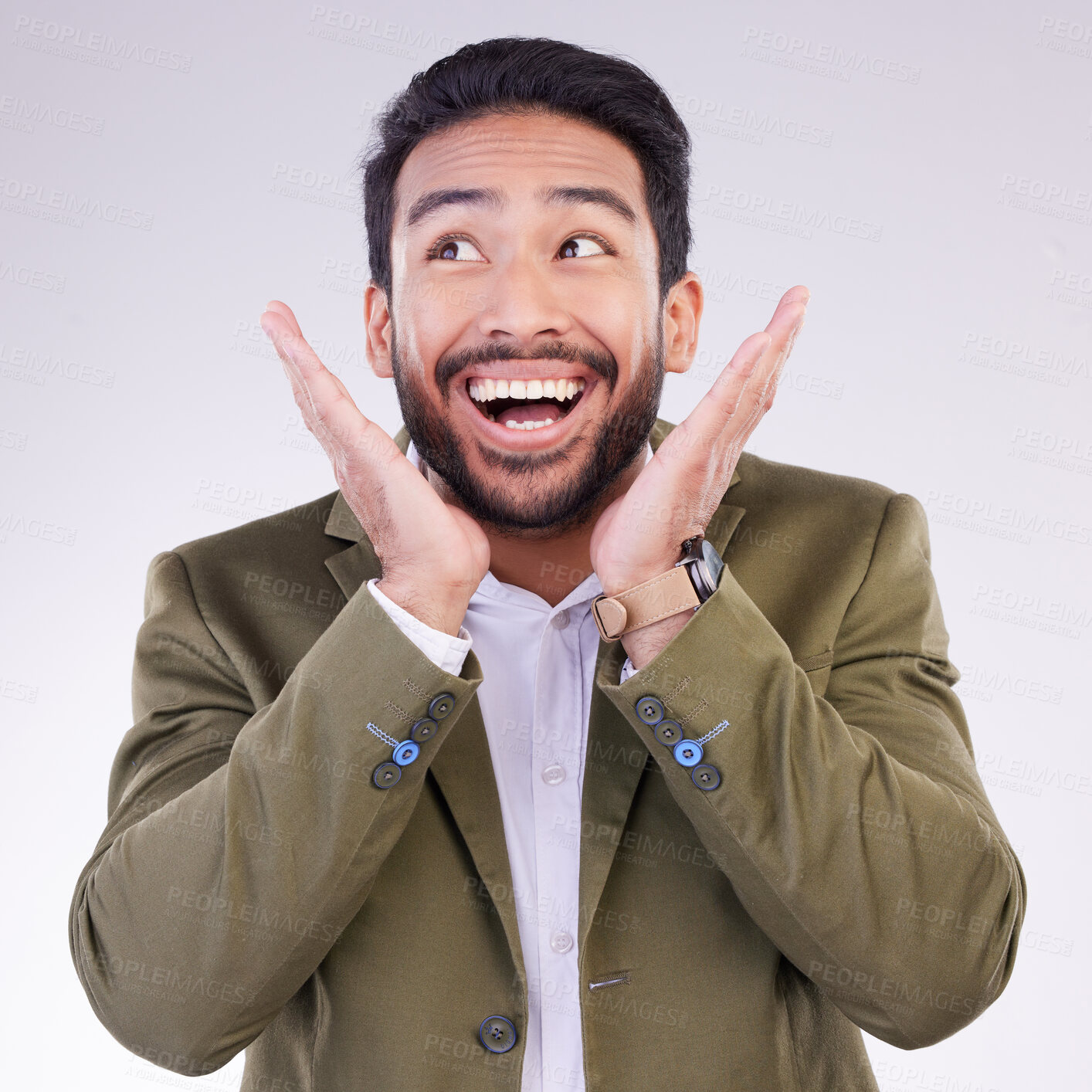 Buy stock photo Happy, excited and young businessman in a studio with wow, omg or wtf face expression. Happiness, surprise and corporate male model from India with a shock or amazed facial gesture by gray background