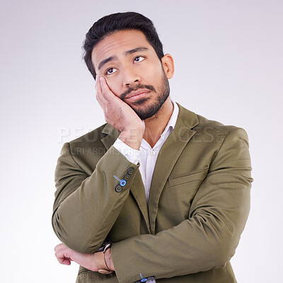 Buy stock photo Business, stress and Asian man tired, burnout and overworked against studio background. Japanese male employee, entrepreneur and agent with anxiety, fatigue or financial problems with startup company