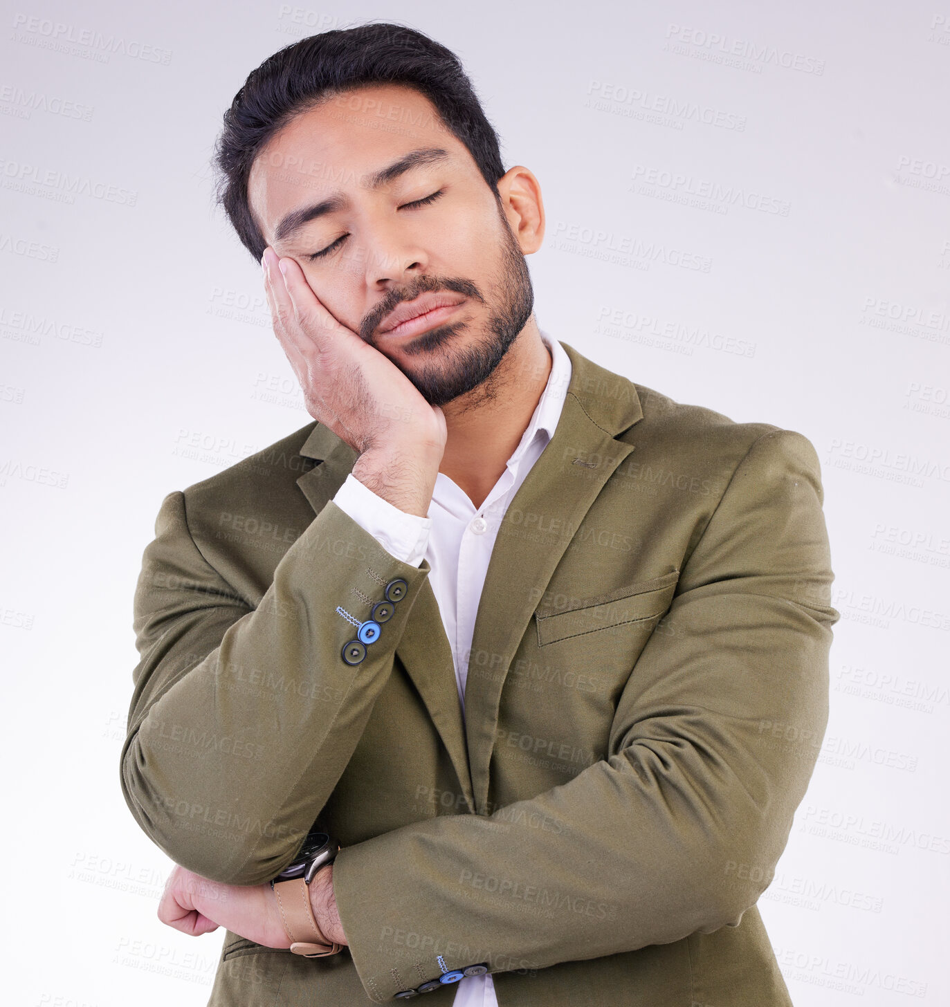 Buy stock photo Tired, bored and Asian man sleeping for rest isolated on a white background in a studio. Dream, young and a Japanese businessman with fatigue, exhausted and sleep for stress relief on a backdrop