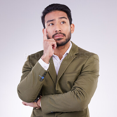 Buy stock photo Business man, thinking and planning in studio with ideas or strategy on gray background. Asian male entrepreneur think with hand and arms crossed pensive or contemplating question, thought or mission