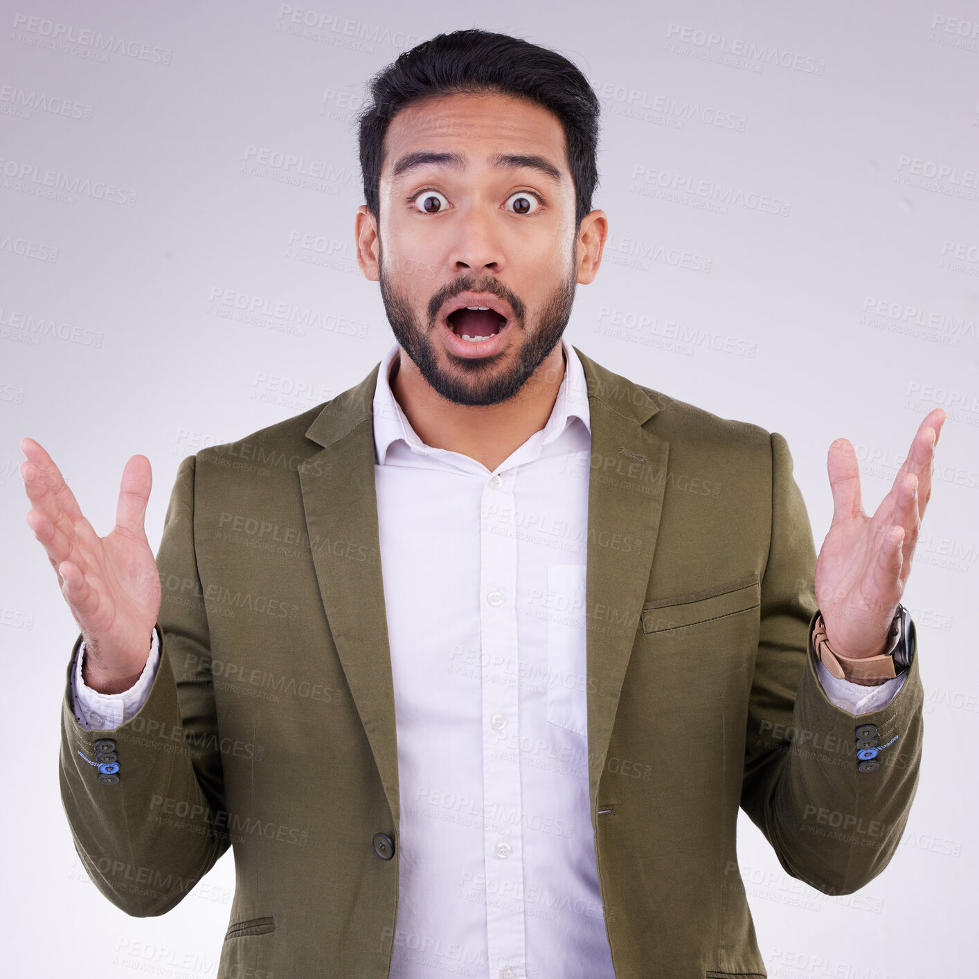 Buy stock photo Wow, shock and surprise, portrait of Indian man with hands up and shocked by amazing news or deal announcement in studio. Businessman with surprised face, emoji or meme isolated on white background.