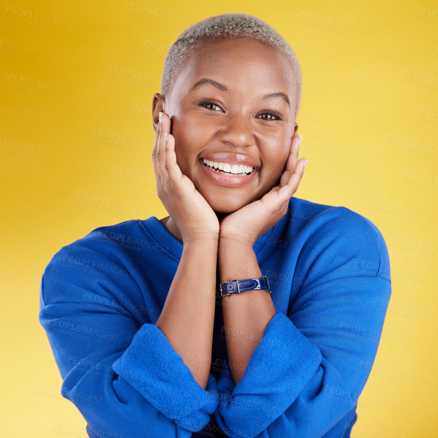 Buy stock photo Smile, hands on face and portrait of black woman in studio with happy, positive mindset and confident. Cosmetics, facial expression and African girl with natural glow excited on yellow background