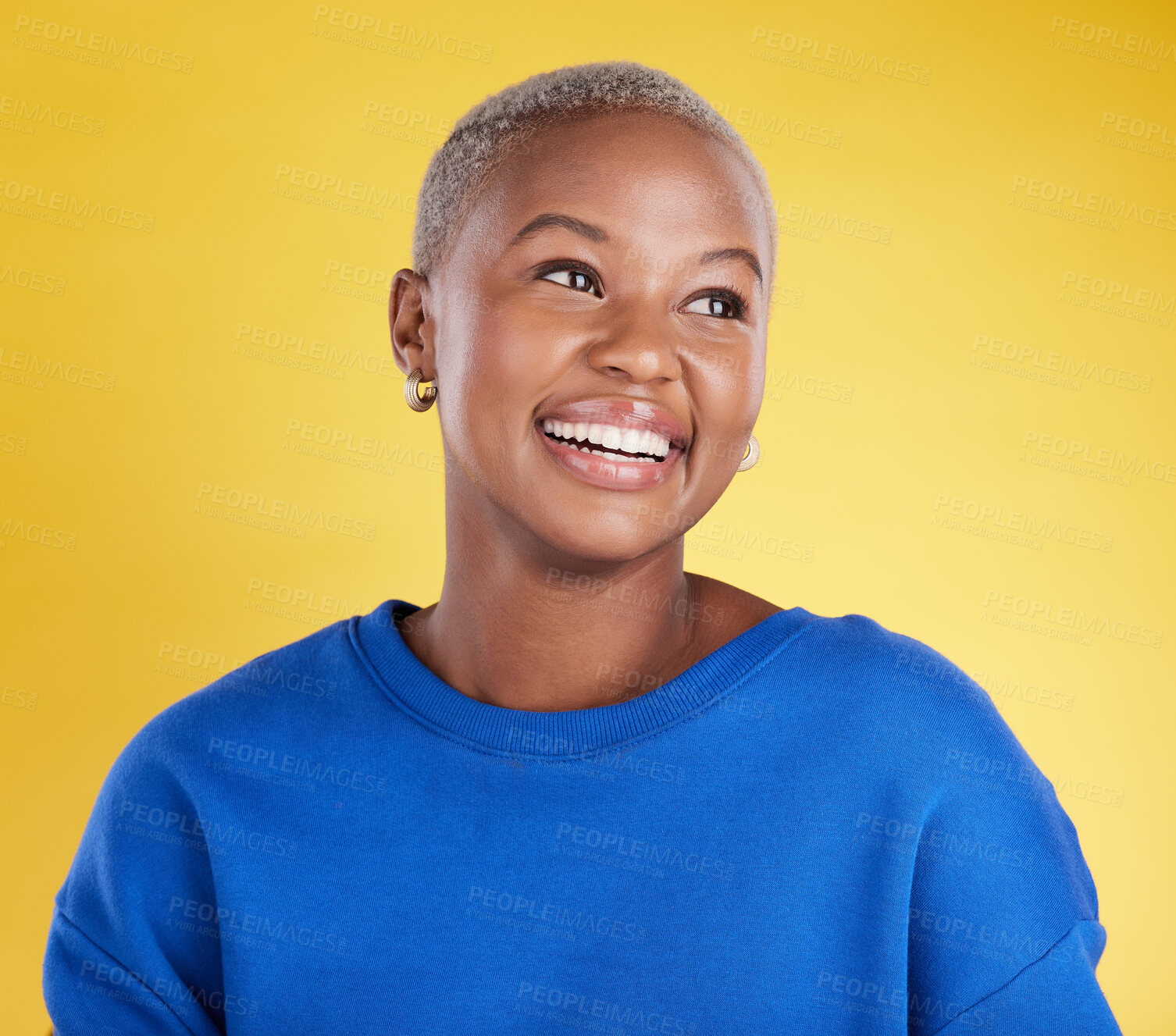 Buy stock photo Thinking, smile and a black woman on a yellow background in a studio feeling nostalgic. Face, idea and happy with an attractive young female looking for inspiration while contemplating a thought