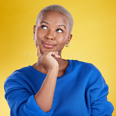 Buy stock photo Thinking, solution and face of black woman in studio, yellow background and backdrop. Female model brainstorming decision, ideas and question of planning, choice and inspiration of memory for mindset